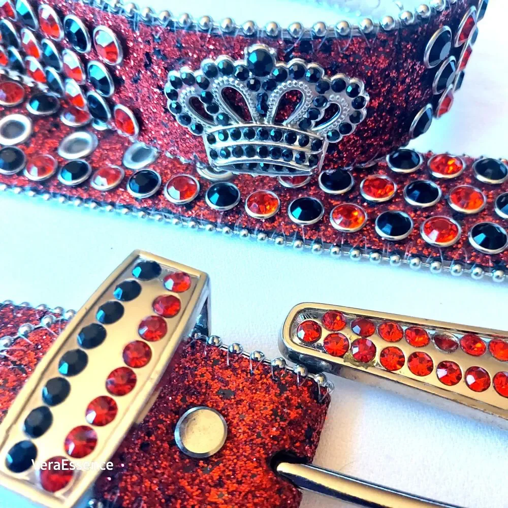 DNA PREMIUM WEAR WESTERN BELT RED BLACK RHINESTONE SILVER & GLITTER ACCENTS 43